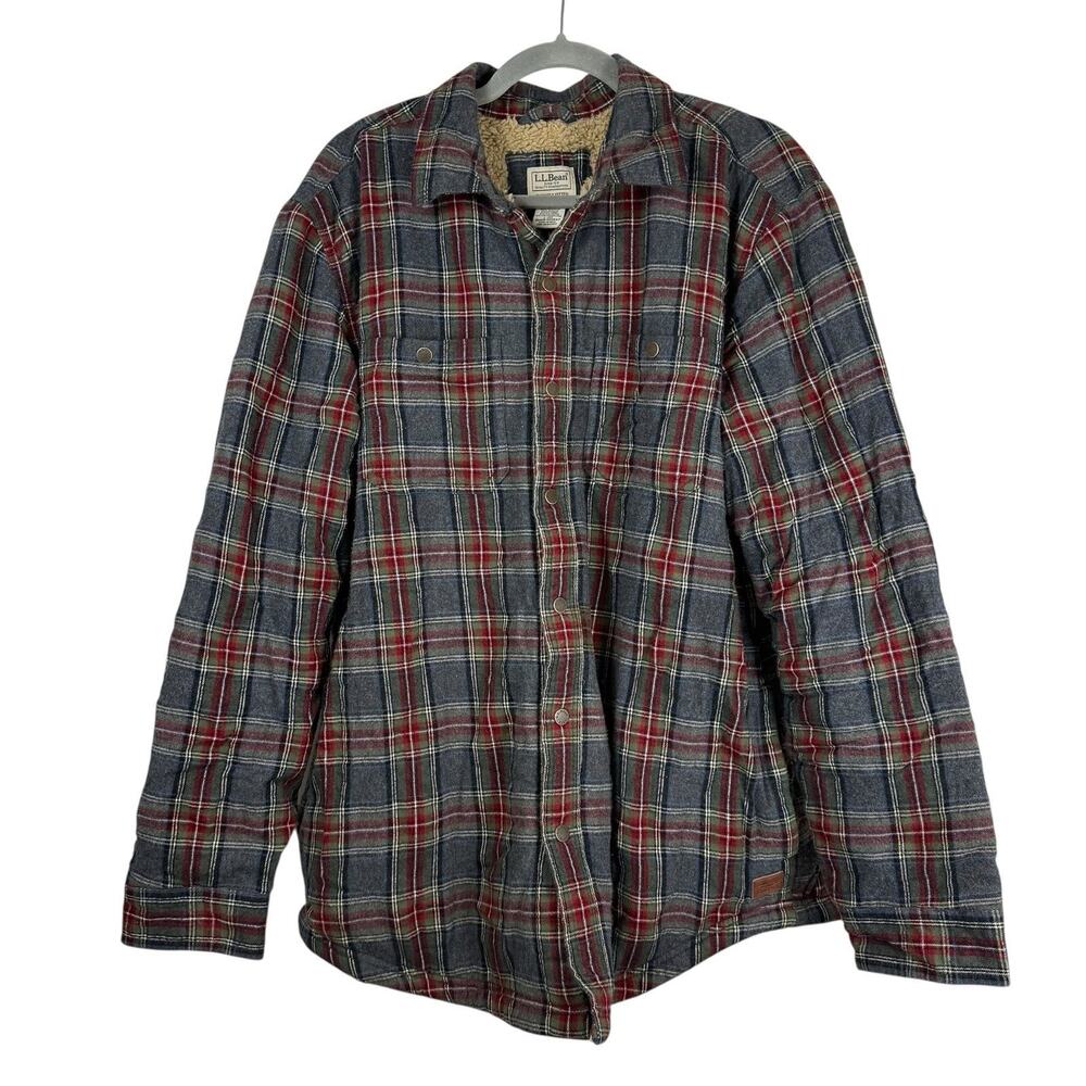LL Bean Jacket Mens Large Gray Plaid Flannel Cotton Sherpa Shacket Chore Coat